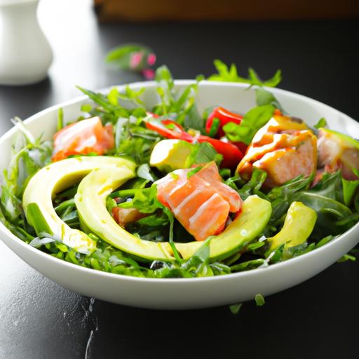 arugula, grilled salmon and avocado salad