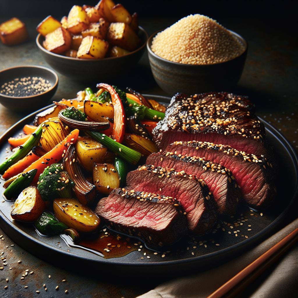 asian sesame ginger steak with stir fried vegetables and sesame roasted potatoes