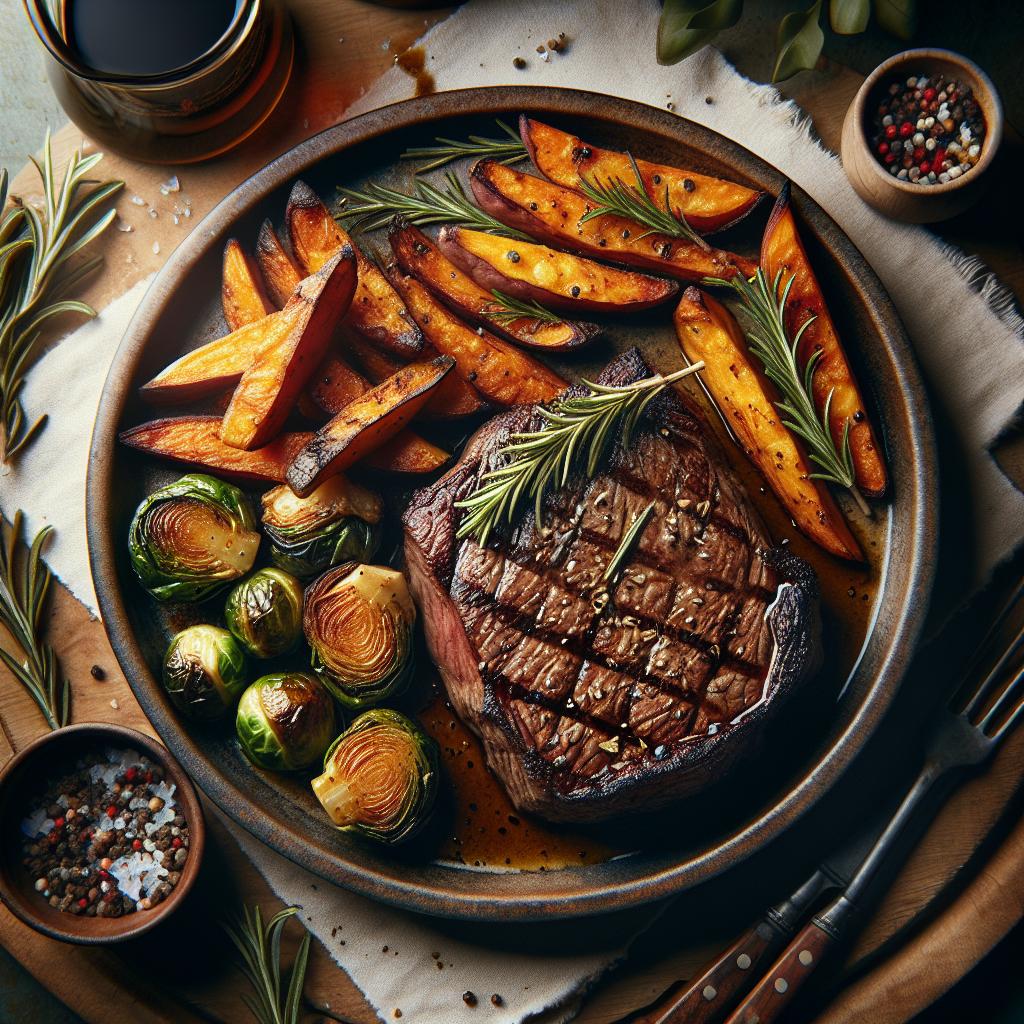 baked sirloin steak with sweet potato wedges and brussels sprouts