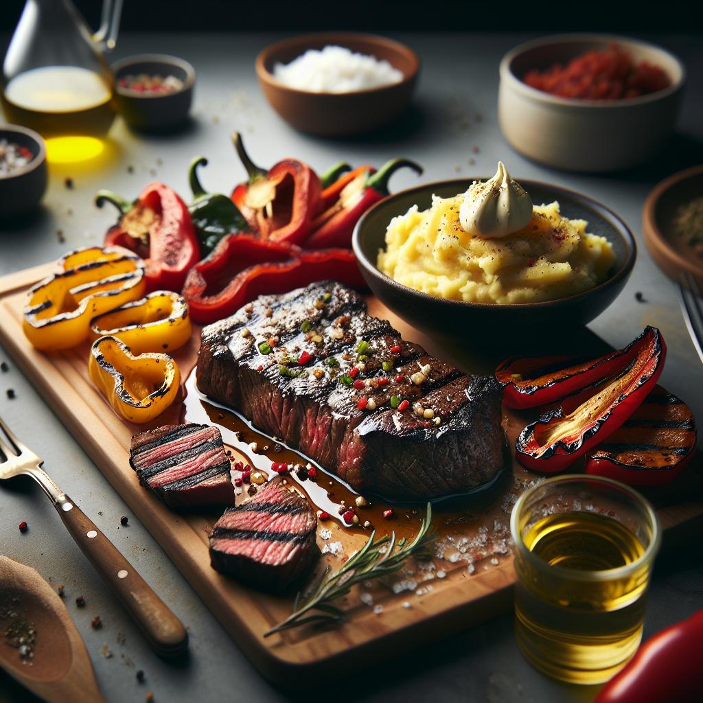 balsamic marinated skirt steak with grilled bell peppers and smashed red potatoes