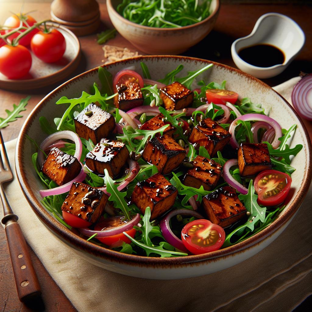 balsamic tempeh over arugula