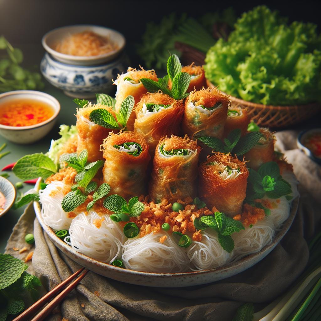 bun cha gio (vietnamese vermicelli noodles with fried spring rolls)