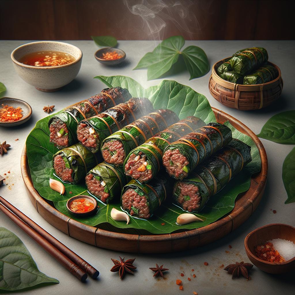 bò lá lốt (grilled beef wrapped in betel leaf)