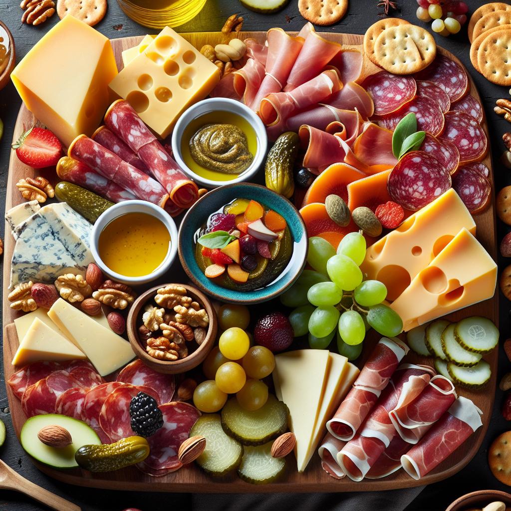 charcuterie board with pickled vegetables