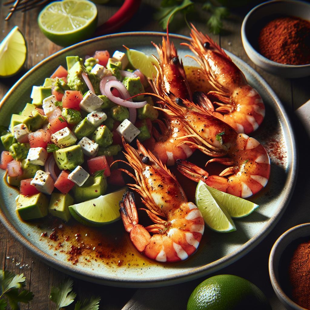 chili lime grilled prawns with avocado feta salsa