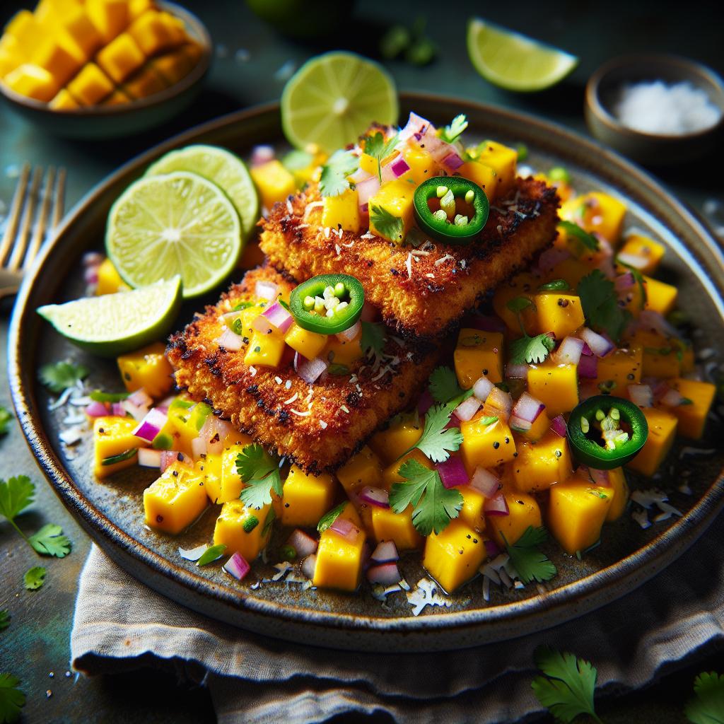 coconut crusted tempeh with mango salsa