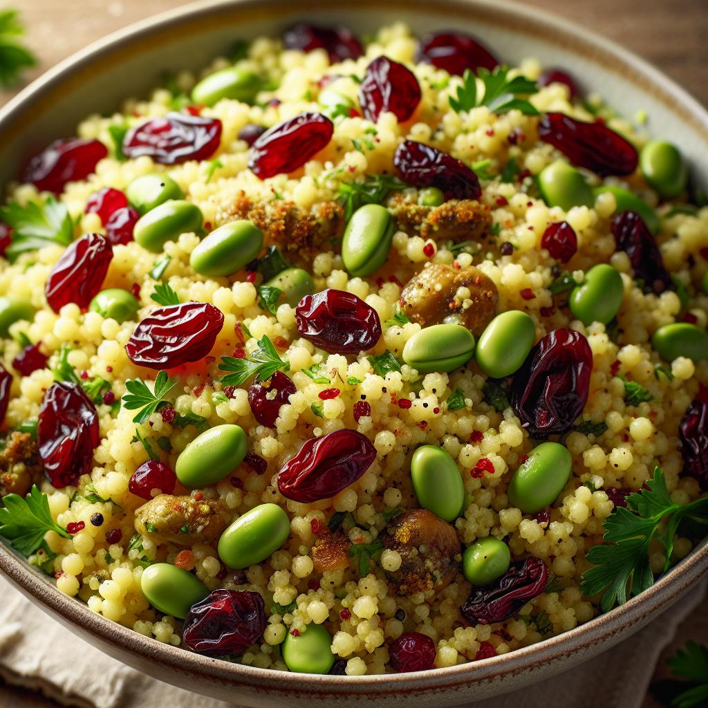 curried couscous salad with dried cranberries and edamame