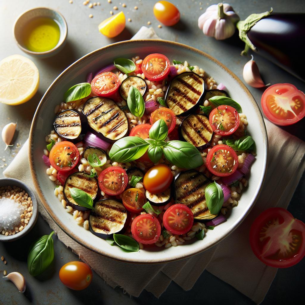 Farro Salad with Grilled Eggplant, Tomatoes, and Basil