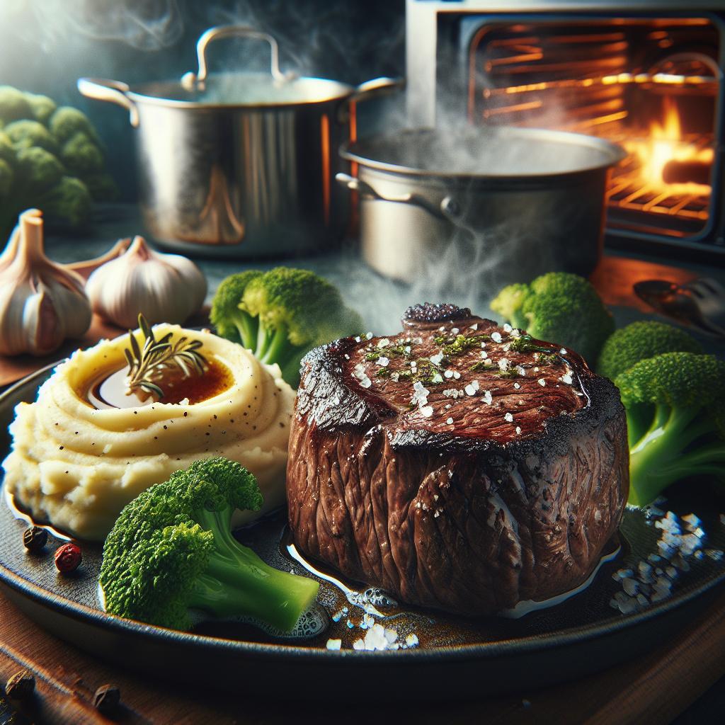 filet mignon with garlic mashed potatoes and steamed broccoli