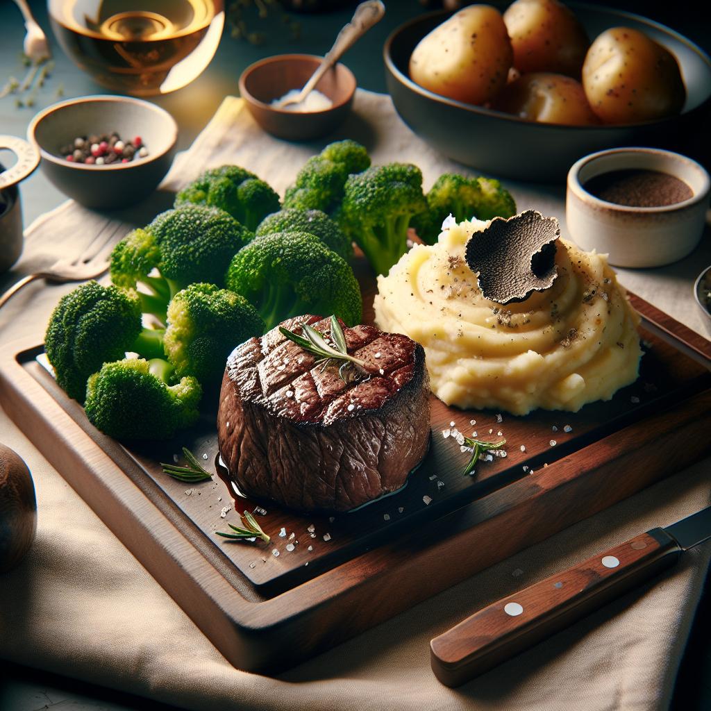 filet mignon with truffle mashed potatoes and steamed broccoli