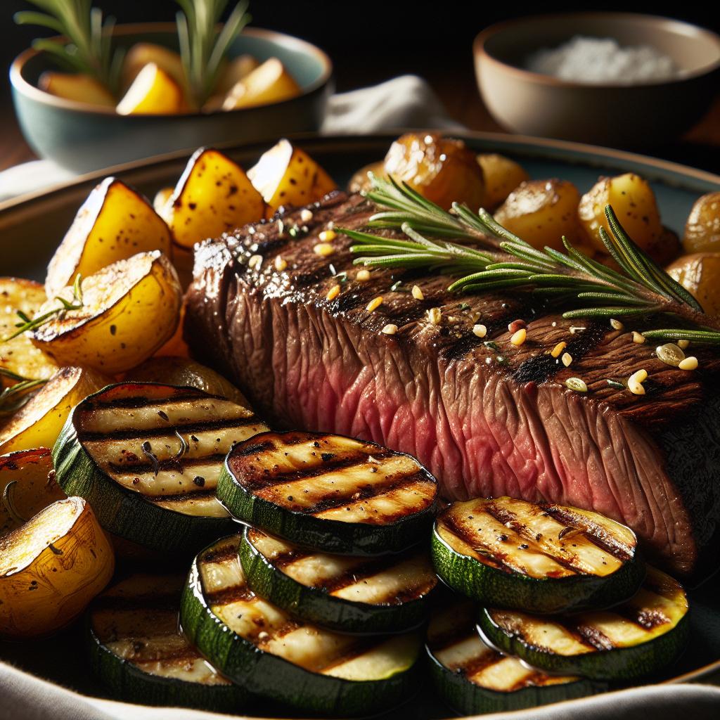 flank steak with grilled zucchini and rosemary roasted potatoes