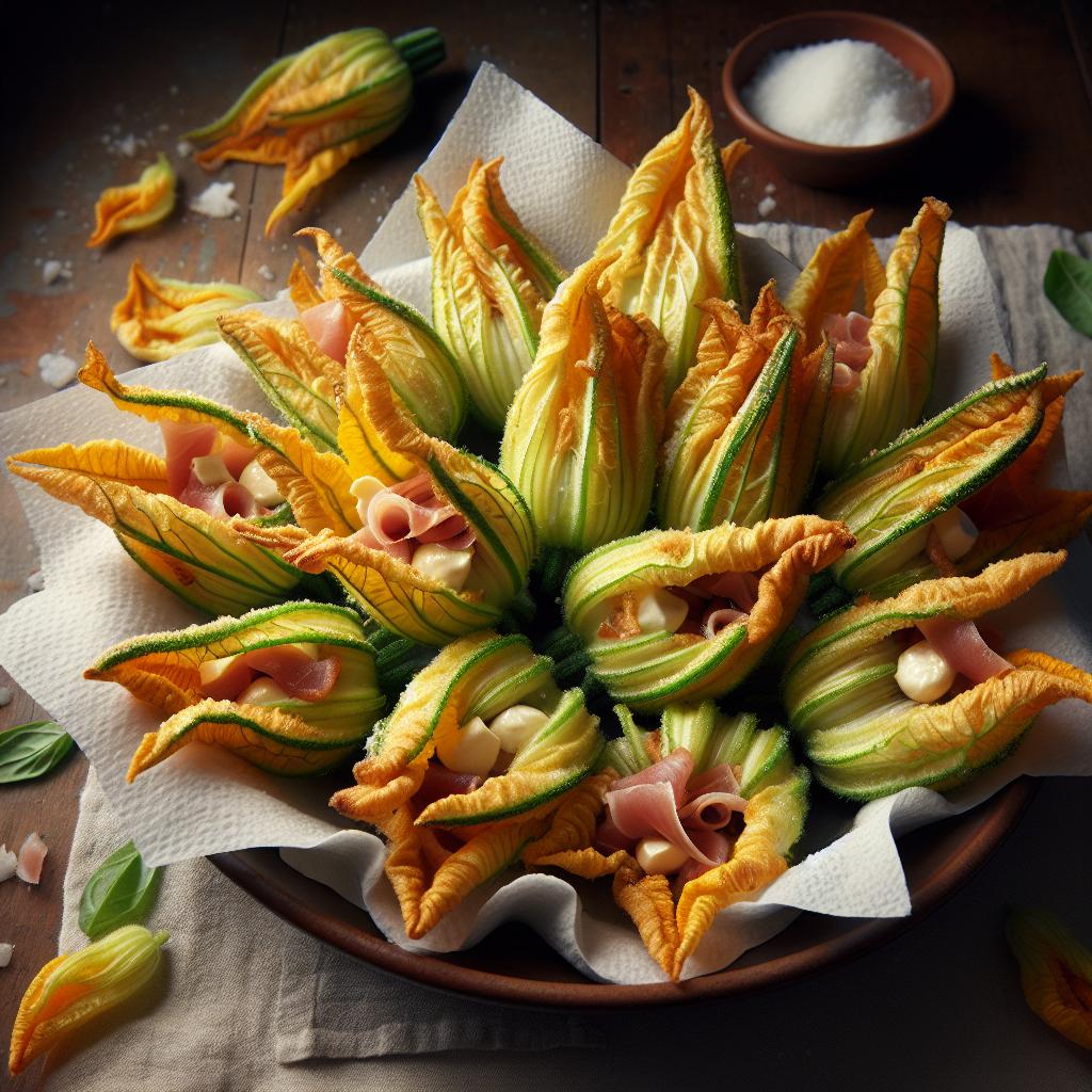 fried zucchini blossoms with prosciutto and mozzarella