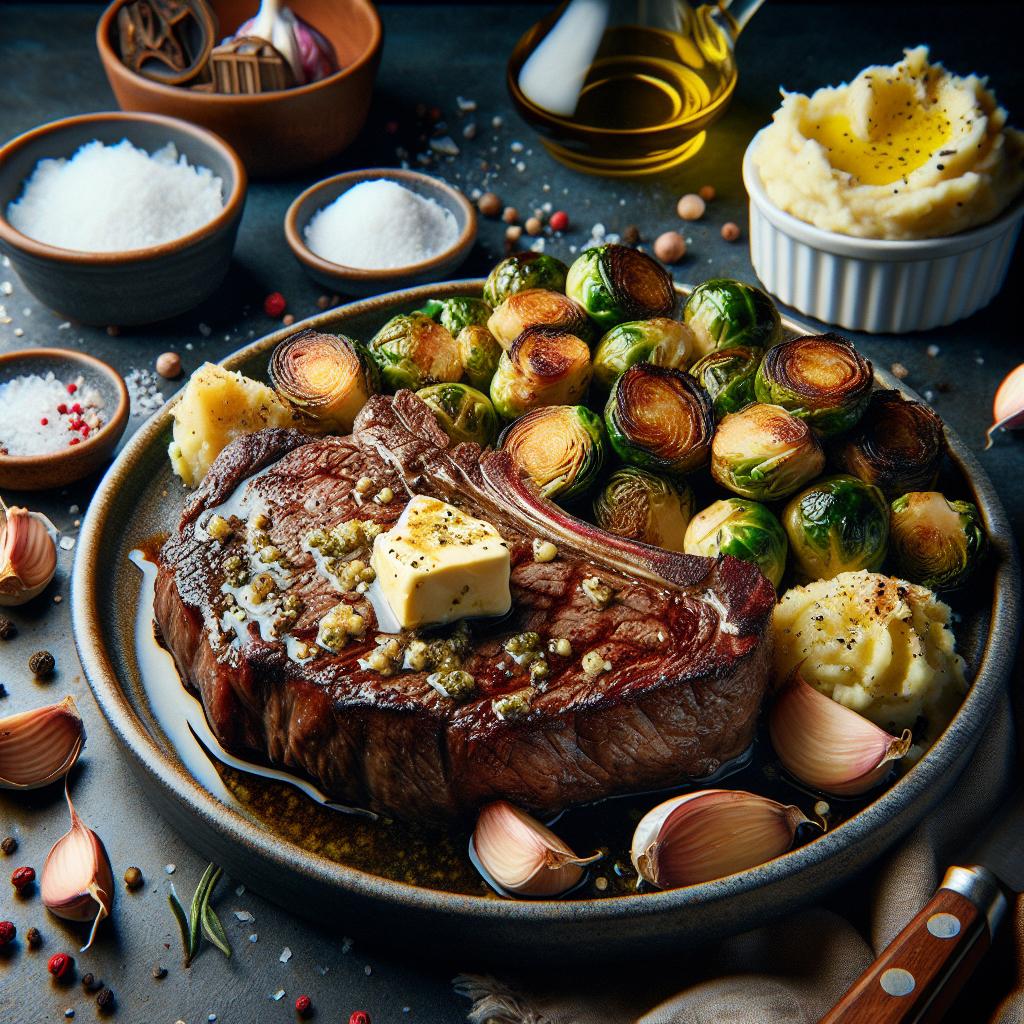 garlic butter ribeye steak with roasted brussels sprouts and smashed red potatoes