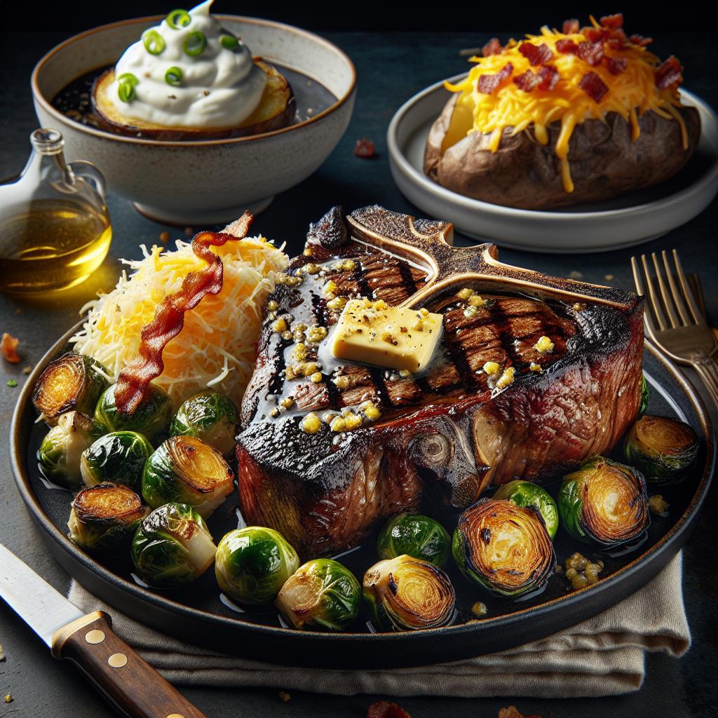 garlic butter t bone steak with roasted brussels sprouts and loaded baked potatoes