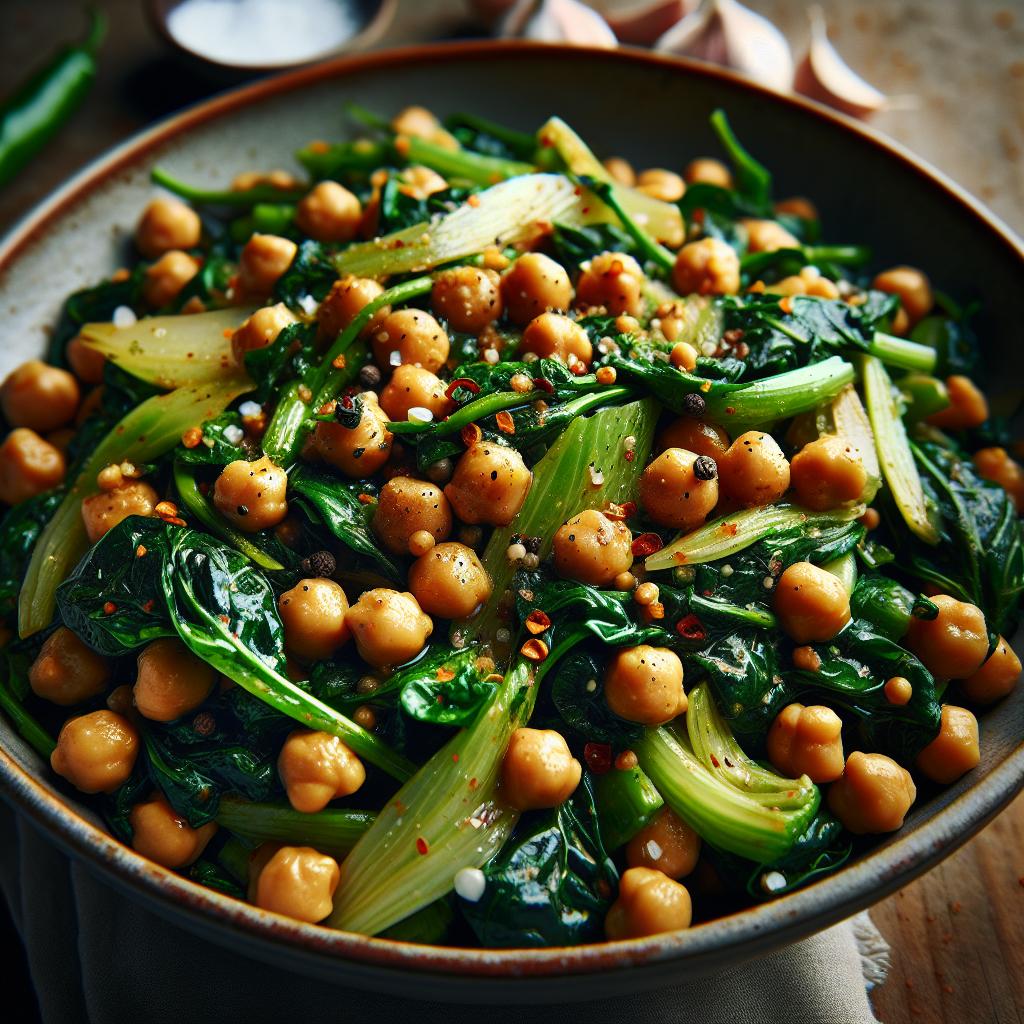 garlic greens and chickpea stir fry