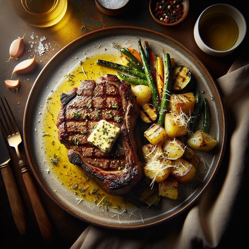 garlic herb butter steak with grilled veggies and parmesan roasted potatoes