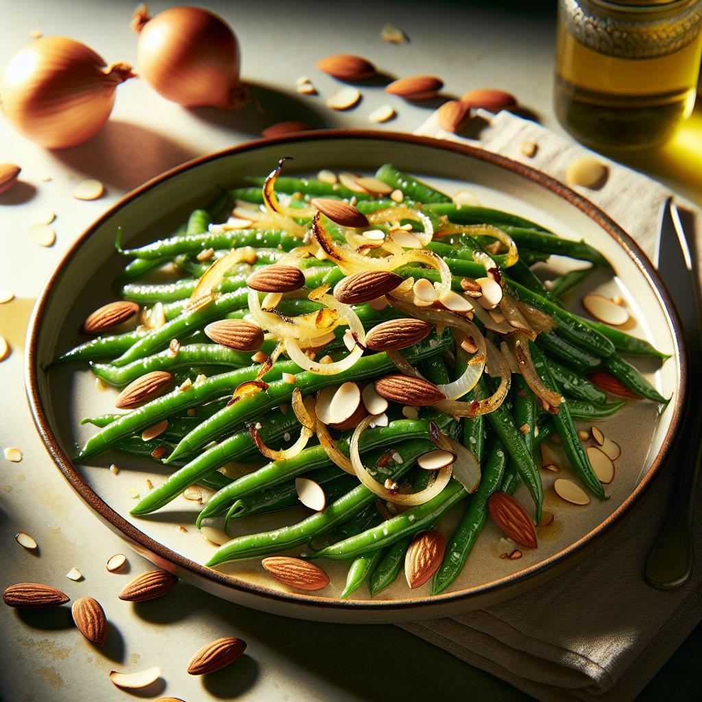 green beans with caramelized onions and almonds