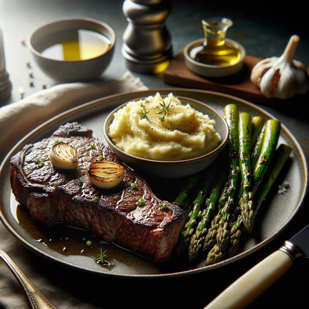 grilled ribeye steak with roasted garlic mashed potatoes and grilled asparagus