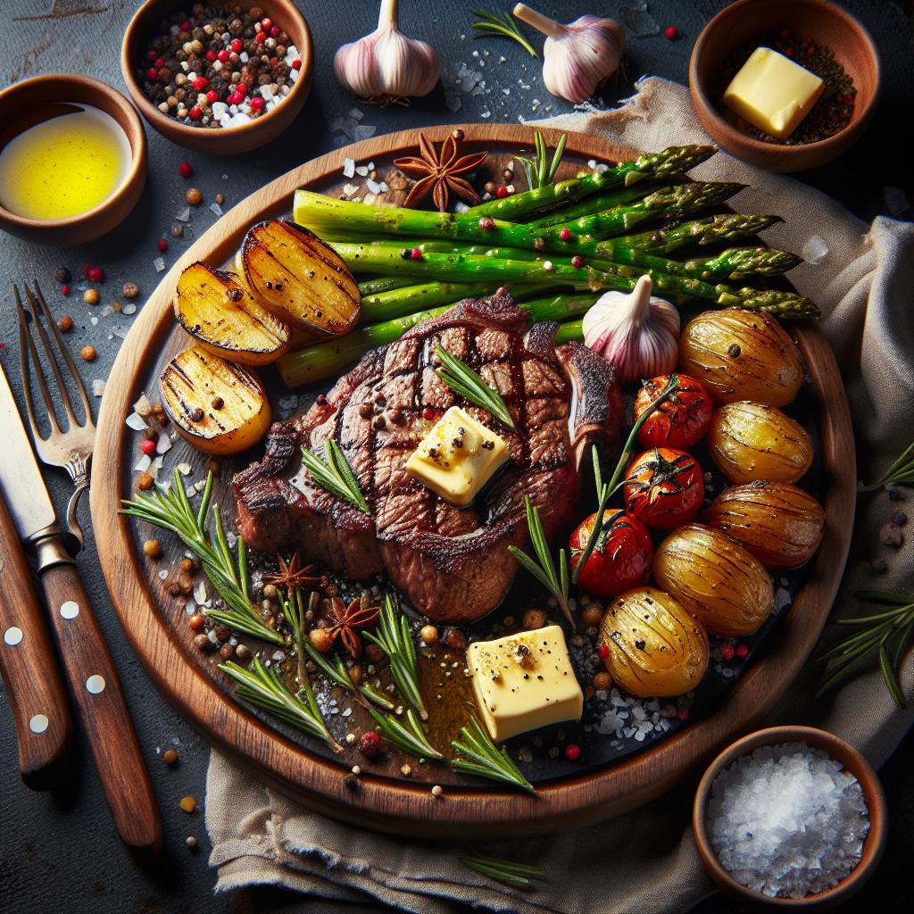 grilled ribeye steak with roasted potatoes and asparagus