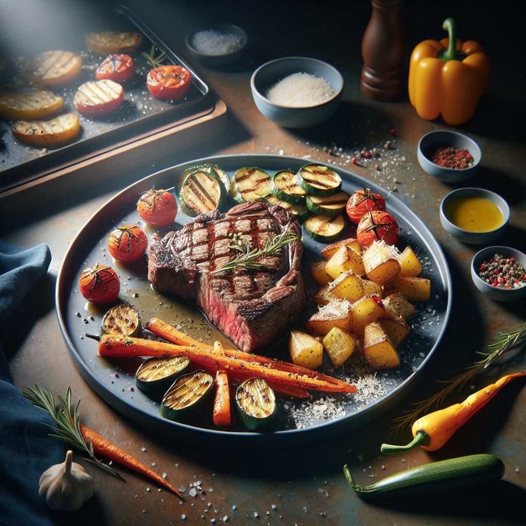 grilled ribeye steak with roasted vegetables and parmesan potatoes