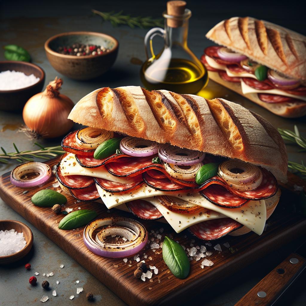 grilled salami and onion ciabatta