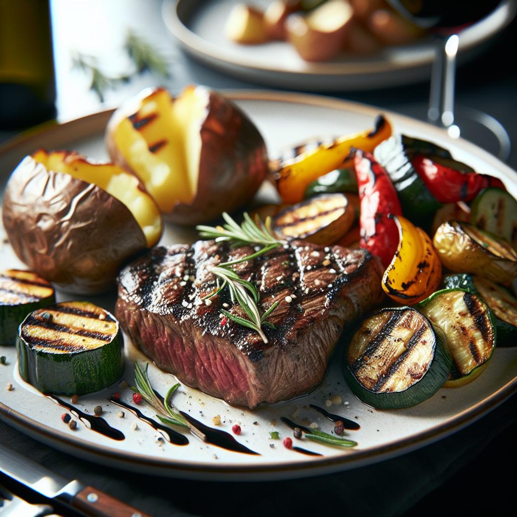 grilled sirloin steak with baked potatoes and grilled vegetables