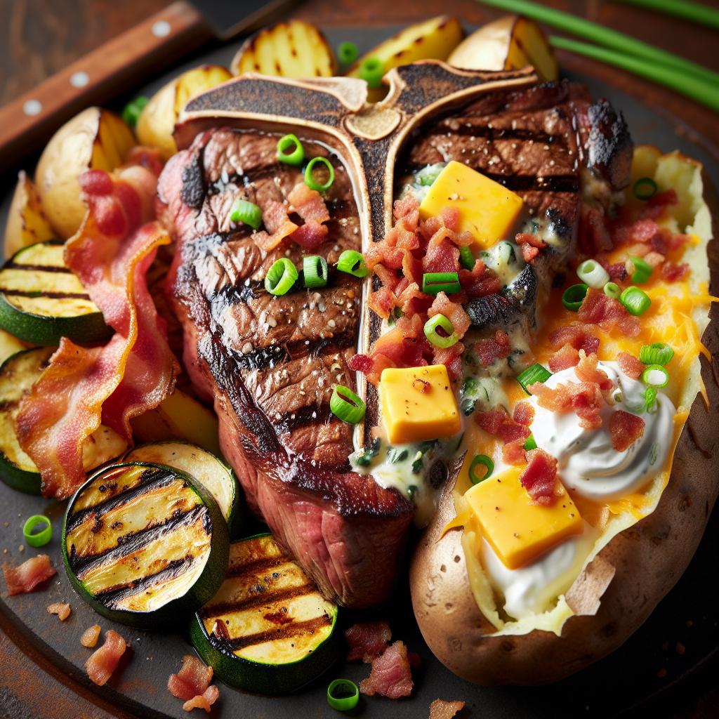 grilled t bone steak with grilled zucchini and loaded baked potatoes