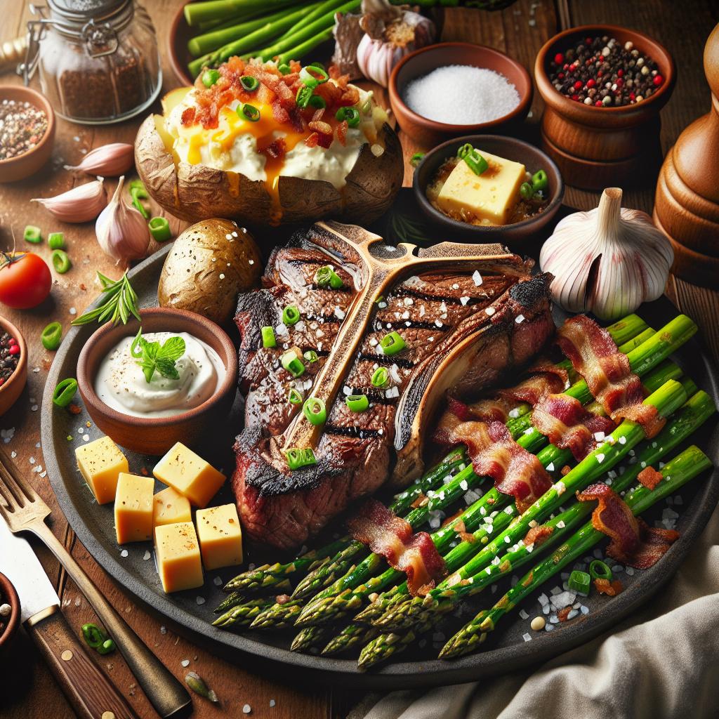 grilled t bone steak with loaded baked potatoes and grilled asparagus