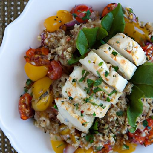 halibut and roasted vegetable quinoa bowl