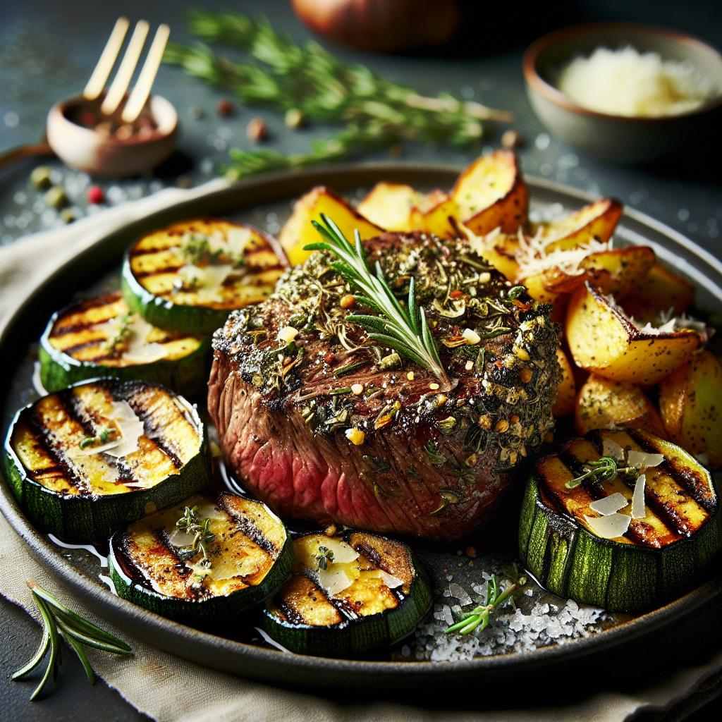 herb crusted sirloin steak with grilled zucchini and parmesan roasted potatoes