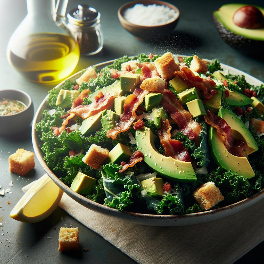 Kale Caesar Salad with Avocado and Bacon