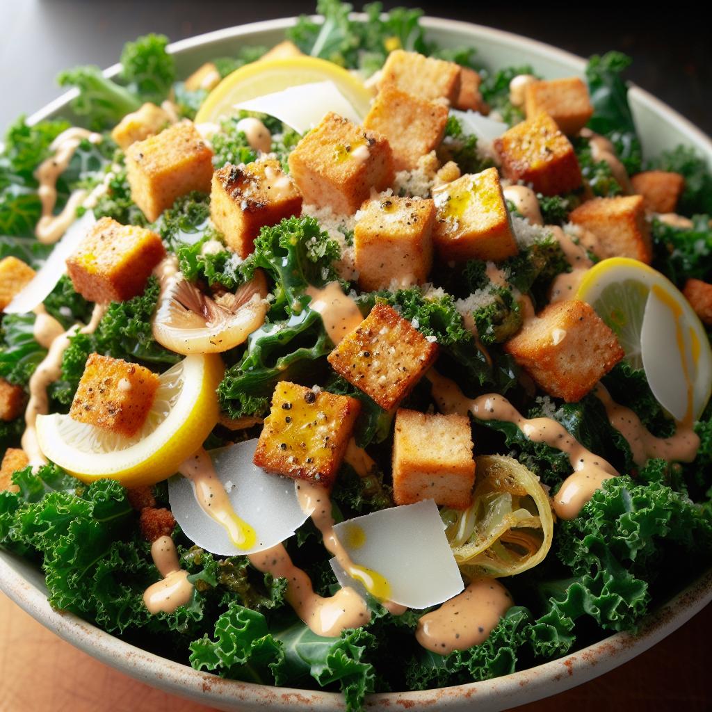 kale caesar salad with tempeh croutons