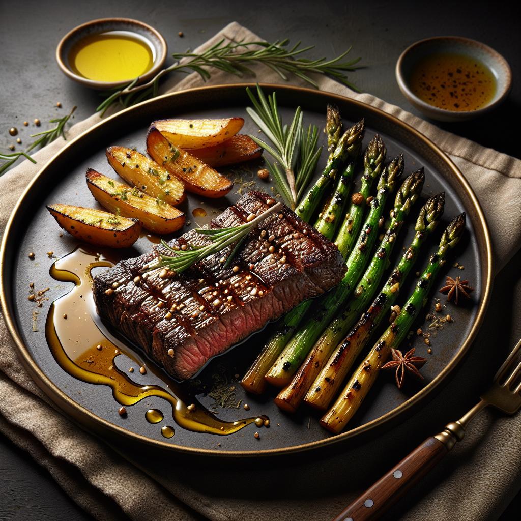 marinated flank steak with grilled asparagus and rosemary roasted potatoes