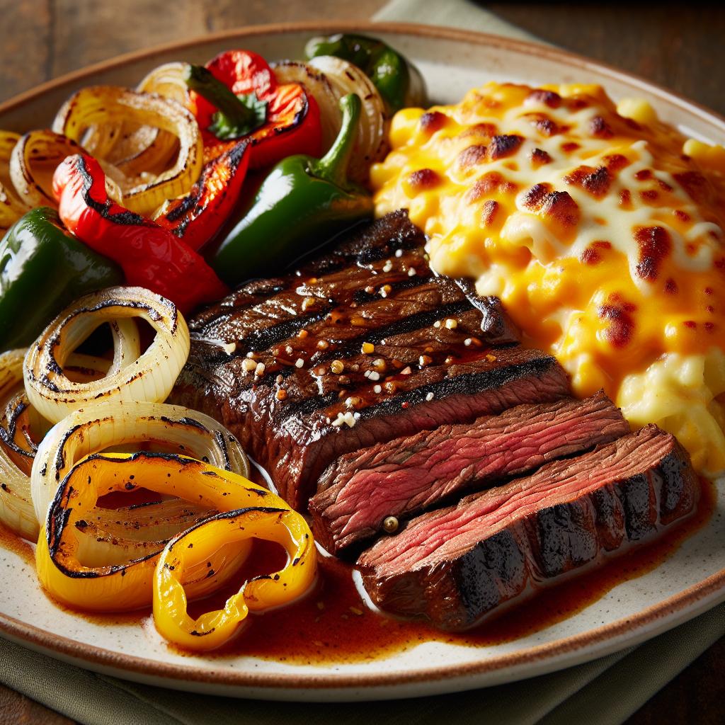 marinated flank steak with grilled peppers and onions and cheesy scalloped potatoes