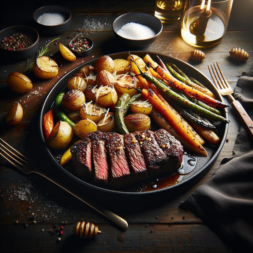 marinated flank steak with parmesan roasted potatoes and grilled vegetables