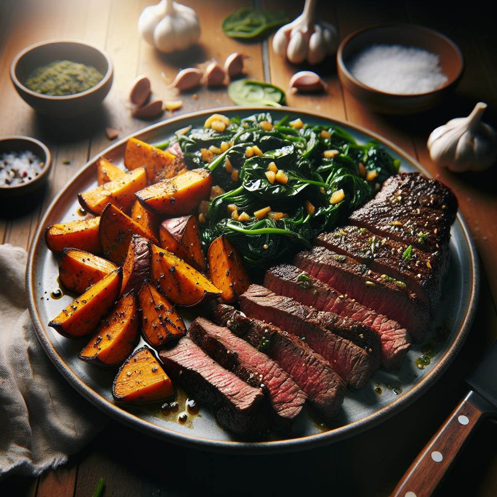 marinated flank steak with roasted sweet potatoes and garlic sauteed spinach