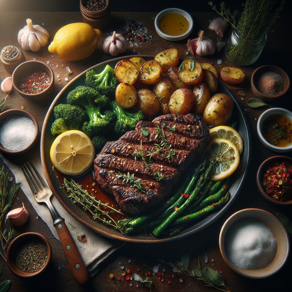 marinated flank steak with sautéed broccoli rabe and lemon herb roasted potatoes