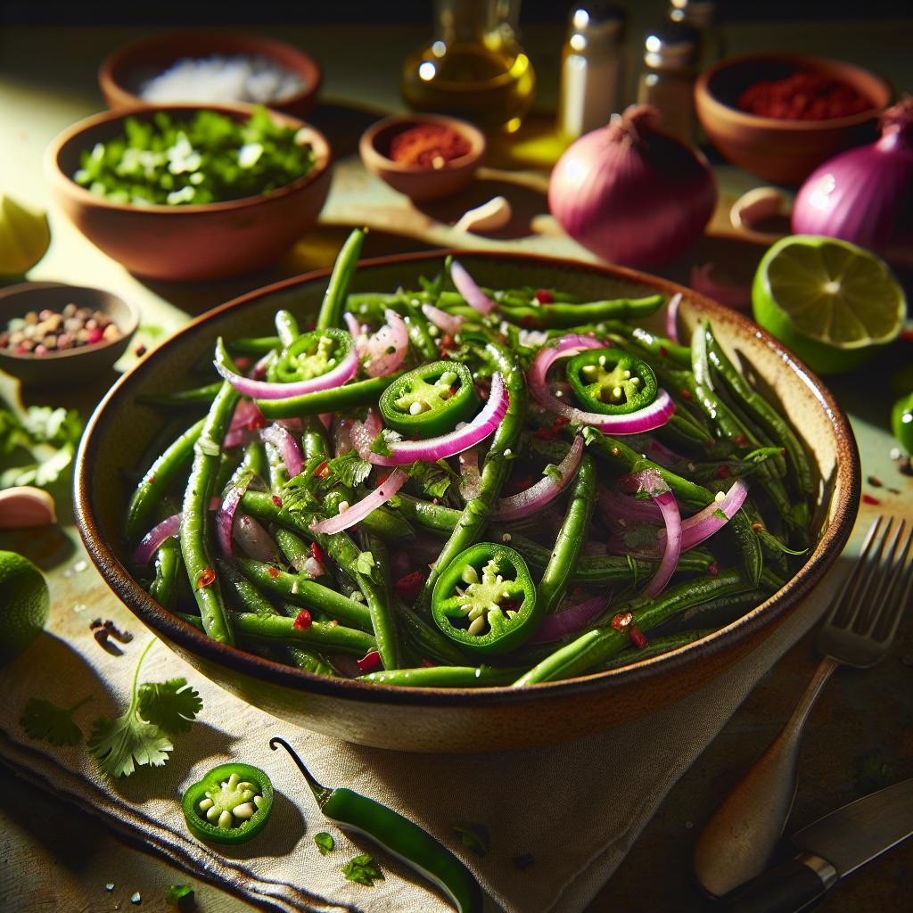 mexican style green beans with red onion and jalapeno