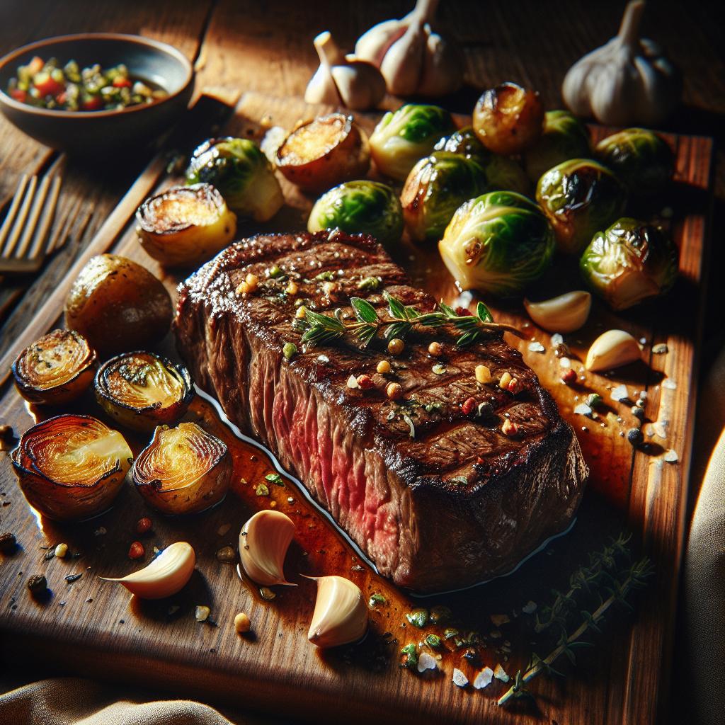 new york strip steak with roasted brussels sprouts and herb roasted potatoes