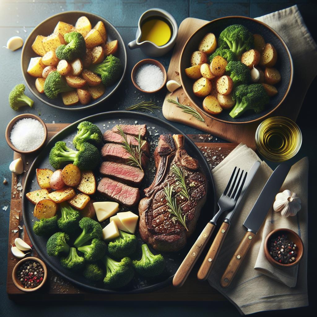 oven broiled porterhouse steak with garlic parmesan potatoes and steamed broccoli