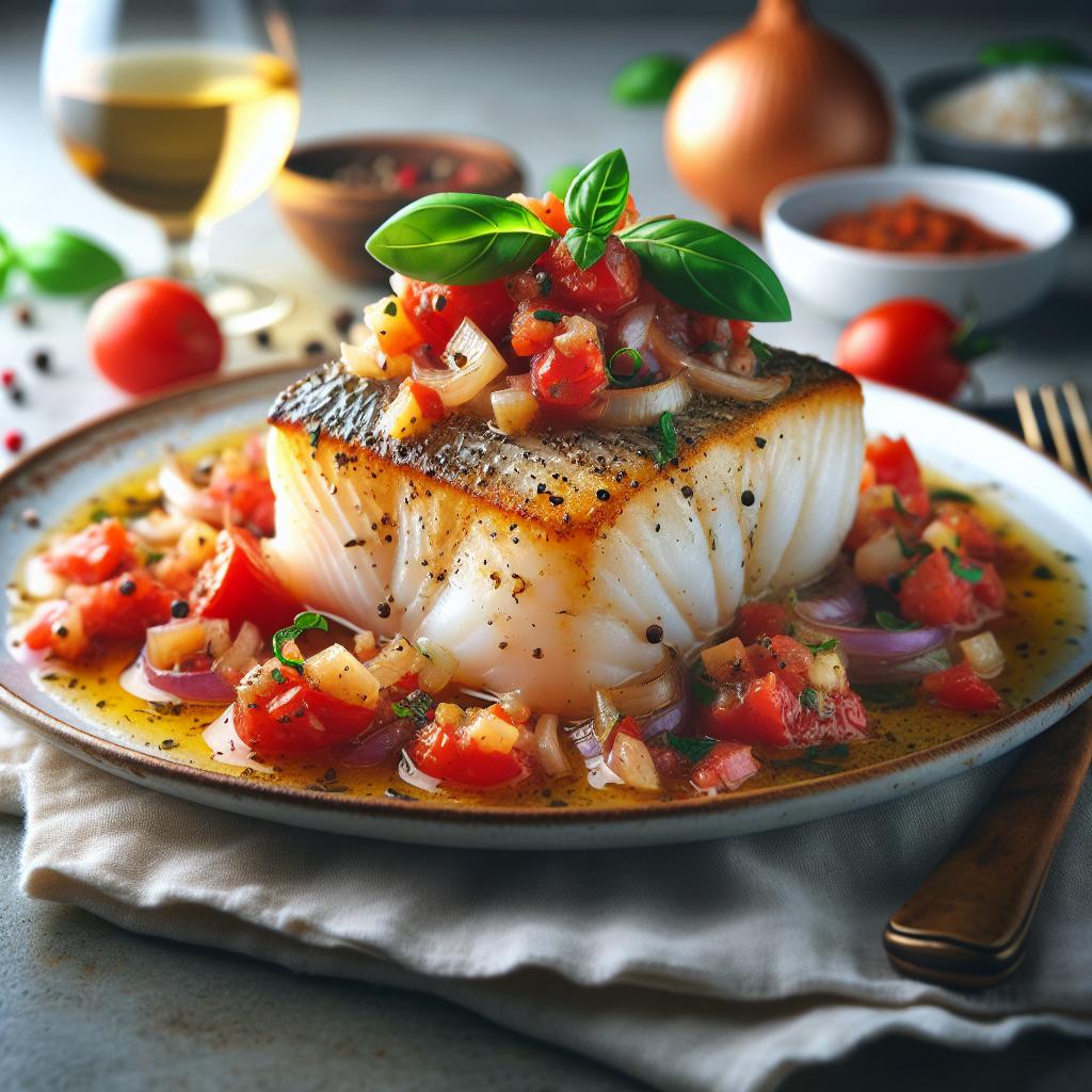 Pan Seared Cod in White Wine Tomato Basil Sauce