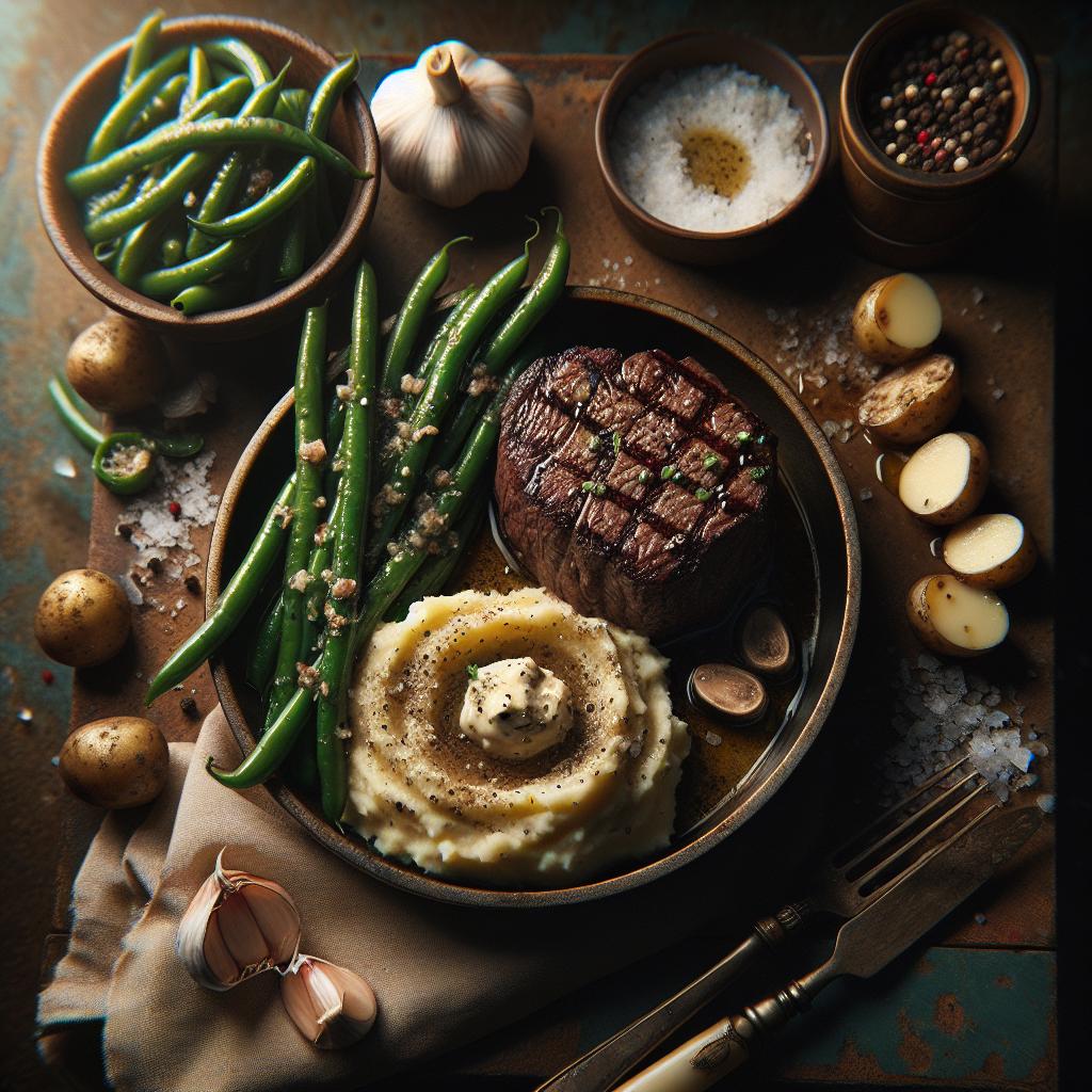 pan seared filet mignon with garlic green beans and truffle mashed potatoes