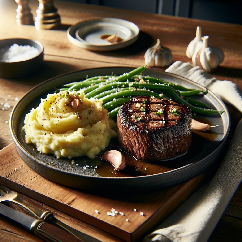 pan seared filet mignon with garlic mashed potatoes and green beans