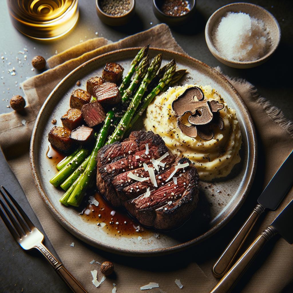 pan seared filet mignon with sautéed asparagus and truffle mashed potatoes