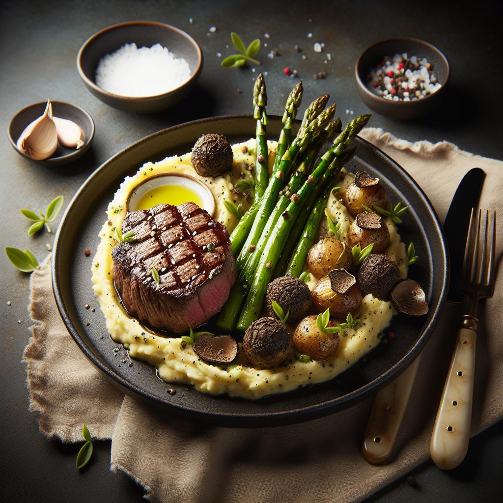 pan seared filet mignon with sautéed asparagus and truffle smashed potatoes