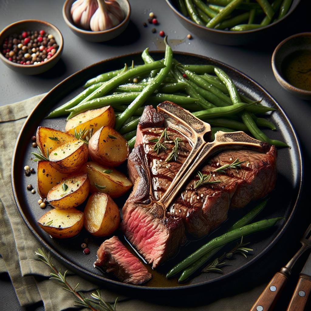 pan seared t bone steak with herb roasted potatoes and sautéed green beans