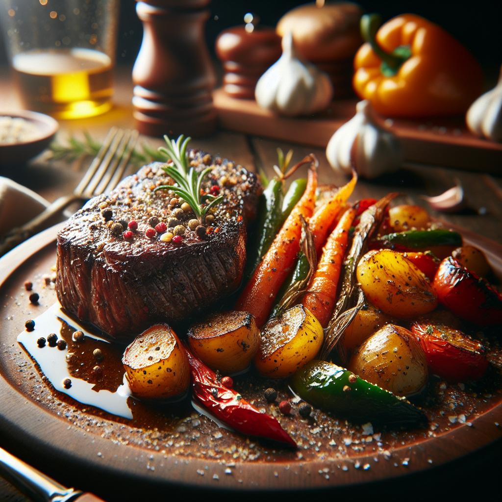 pepper crusted steak with garlic roasted vegetables