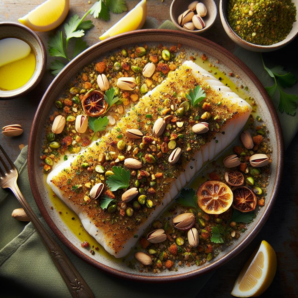 pistachio crusted halibut