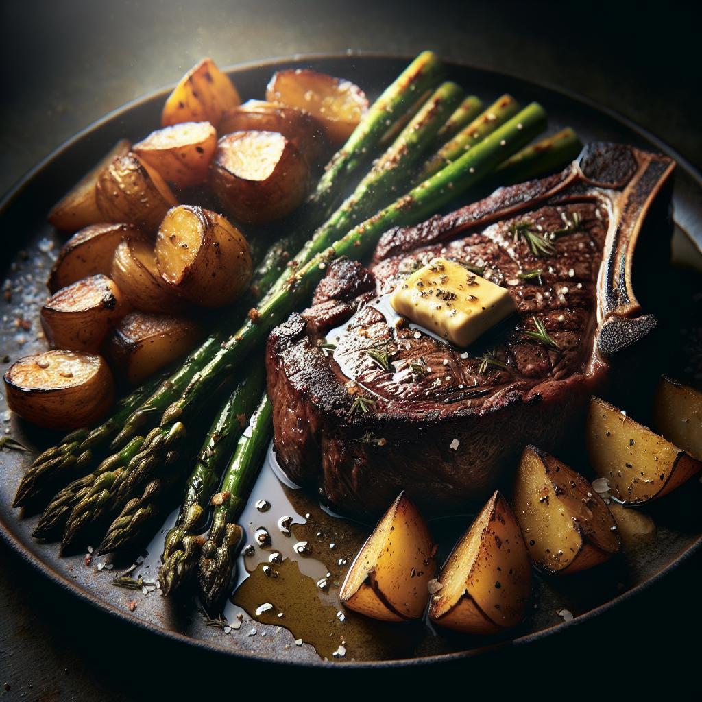 ribeye steak with roasted potatoes and grilled asparagus