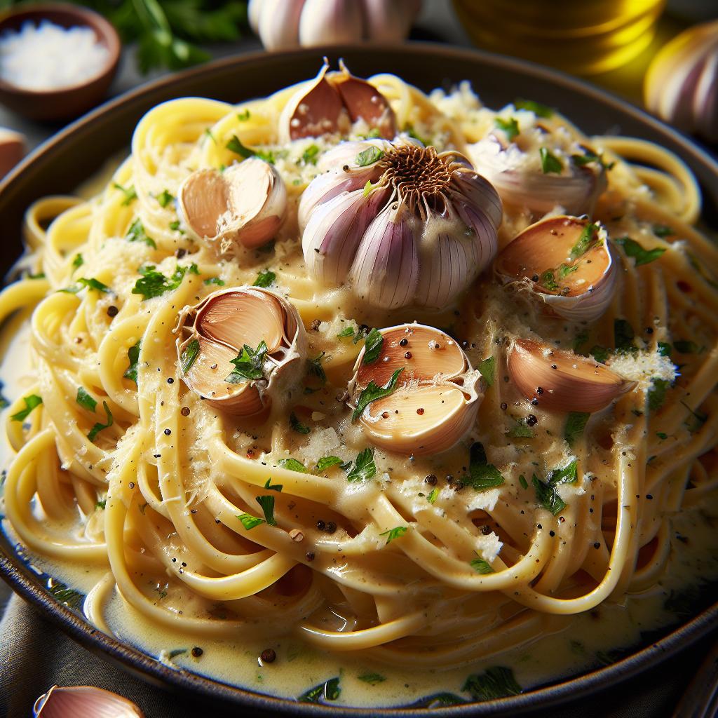 Roasted Garlic Cream Sauce Over Linguine